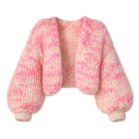 Cardigan en mohair d'hiver rose rayé à manches lanternes, pull ample pour femme, style streetwear
