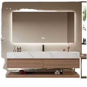 Modern Wall - Mounted <b>Bathroom</b> Vanity Set with <b>LED</b> <b>Mirror</b>, Wooden Cabinet & Marble Top - Product Image 4