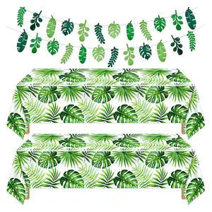 Tek kullanımlık yeşil yaprakları okaliptüs masa örtüsü bitki yeşil plastik masa örtüsü ev doğum günü