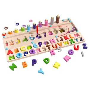 Mainan puzzle pendidikan dini Anak kayu, papan klasifikasi huruf warna manik-manik nomor magnetik pendidikan dini