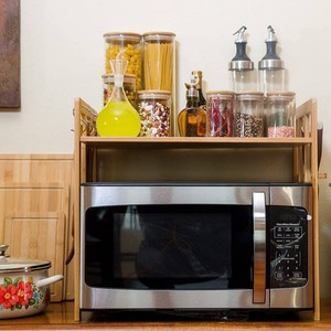 Bamboo Microwave Oven <b>Shelf</b> Double Tier With <b>Hooks</b> For Kitchen Countertop Storage - Product Image 3