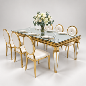 Ensemble de table à manger en acier inoxydable de qualité supérieure avec des chaises à dossier ovale pour les banquets de mariage, vente en gros - Product Image 4