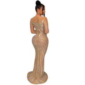 Sexy Mesh Sheer Rhinestone Long Maxi Dresses Women Evening Gowns See Through Nightclub Outfits Party Bodycon Diamond Prom Dress