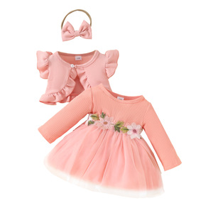 2024 automne enfant en bas âge tenues en gros sans manches Peplum manteau court + manches longues maille appliques robe bébé fille vêtements - Product Image 5