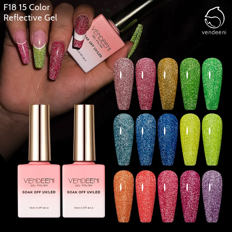 Vendeeni 15 Farben Glow In The Dark Gel Reflektieren des Disco Gel OEM/ODM Kostenlose Proben Flash Sparkle UV Gel Nagellack