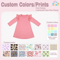 Lockeres Swing-Kleid für Mädchen mit langen Ärmeln, einfarbig rosa, Rundhalsausschnitt, Rüschen an den Schultern, weicher, dehnbarer Stoff, einfaches Alltagskleid für Kinder