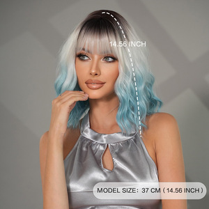 Perruque synthétique complète pour <span class=keywords><strong>femme</strong></span>, <span class=keywords><strong>coupe</strong></span> bob courte bouclée de 12 pouces, bleue naturelle et volumineuse, avec <span class=keywords><strong>frange</strong></span>, pour le marché international. - Product Image 4