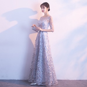 Elegant Evening Gown O-Neck A-Line 3D Floral Print Long Dress For Banquets Silver Grey Champagne Color - Product Image 3