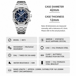 NAMKIN – montre mécanique de luxe pour hommes, en acier inoxydable 316L, cadran bleu carré, verre saphir, 42MM, résistante à l'eau 5ATM - Product Image 2
