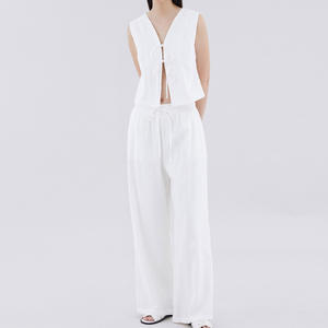 Enyami Tank top tanpa lengan wanita, set 2 potong rompi kerah V warna polos tanpa lengan dasi depan Linen untuk wanita - Product Image 2