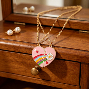 2 Pezzi Collana dell'Amicizia con Cuore Diviso, Margherita Arcobaleno Smaltata, Placcata Oro Rosa, Collane Abbinate per Migliori Amiche, Donne e Ragazze - Product Image 3