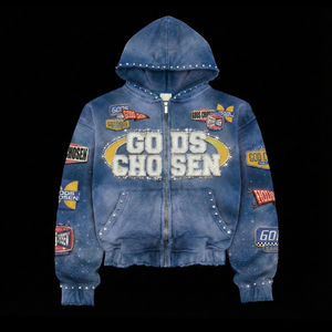 Custom Embroidery Patch Rhinestone Zip Up Hoodies And Sweatpants Vintage Cotton Sun Faded <strong>Tracksuit</strong> Graphic Acid Wash Hoodie - Product Image 5
