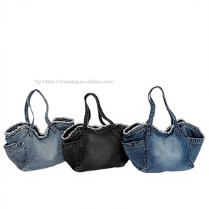 Washed Denim Canvas Women's Shoulder Tote <b>Bag</b> Summer New Style Fashionable Large-Capacity Zipper Closure Tanjing - Product Image 1