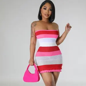 Yaz Polyester 2023 kadın plaj kıyafeti tüp üst giysi örme çizgili baskılı örme çizgili baskılı yüksek kalite Vintage elbise