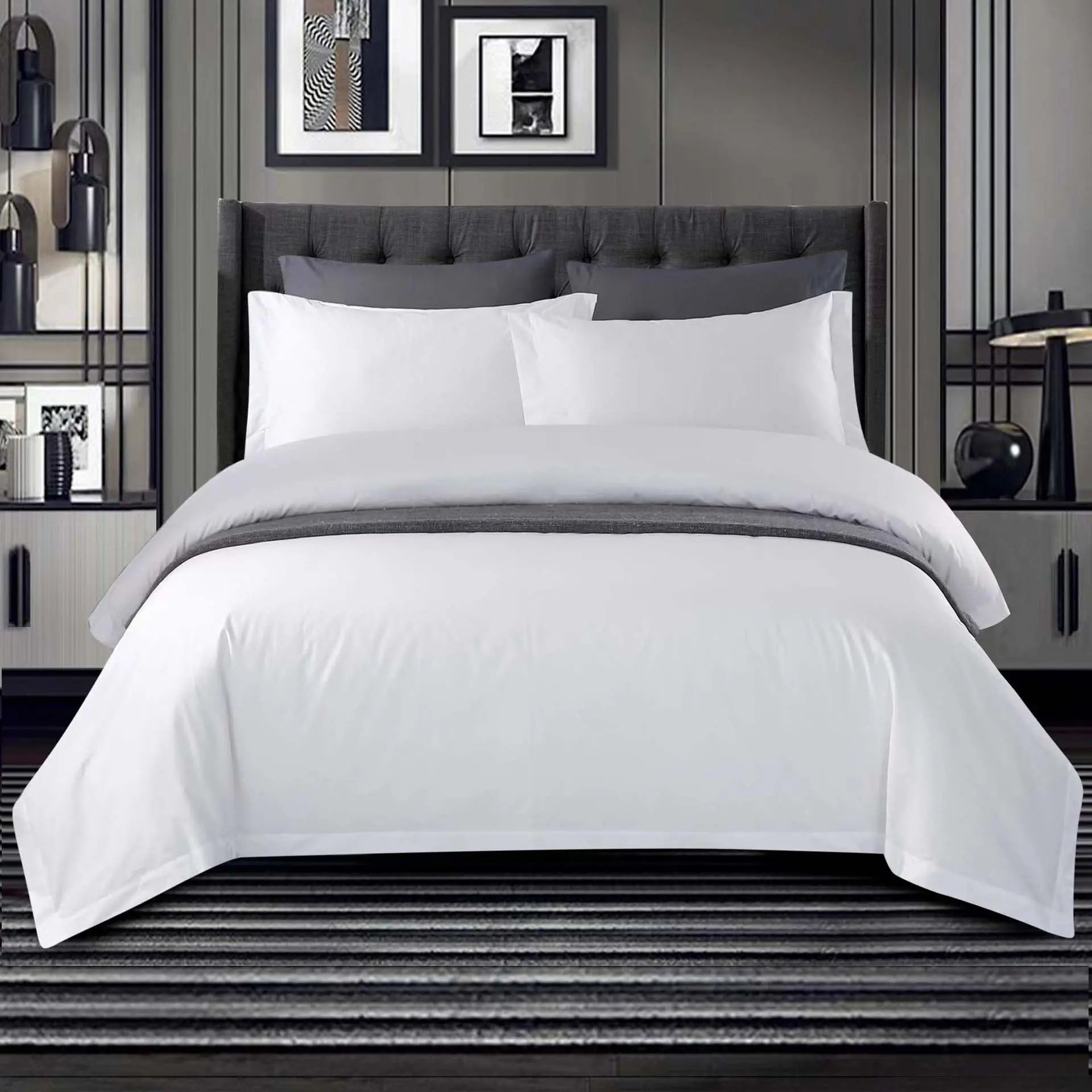 ชุดเครื่องนอนผ้าซาตินผ้าฝ้าย100% ขนาดควีนชุดเครื่องนอนสีขาวจำนวน300ชุดเครื่องนอนโรงแรม