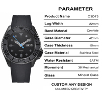 Montre de plongée automatique personnalisée pour homme, boîtier en acier inoxydable, bracelet en cuir noir mat, aiguilles, résistance à l'eau 50 bars, bleu