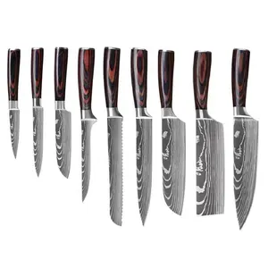 Conjunto de faca de aço inoxidável, 8 polegadas, padrão de damasco, 8 peças, cozinha, com caixa