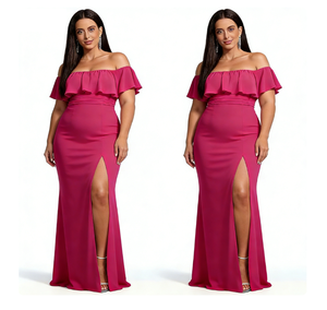<span class=keywords><strong>Vestido</strong></span> de <span class=keywords><strong>Dama</strong></span> de Honor Talla Grande <span class=keywords><strong>Color</strong></span> <span class=keywords><strong>Magenta</strong></span> con Hombros Descubiertos - <span class=keywords><strong>Vestido</strong></span> Formal de Gasa con Volantes y Abertura Alta <span class=keywords><strong>para</strong></span> Eventos Nocturnos - Product Image 4