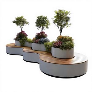 Banc de fleurs commercial d'extérieur pour rue, combiné avec jardinière carrée incurvée, mobile avec trous de drainage, personnalisable - Product Image 1