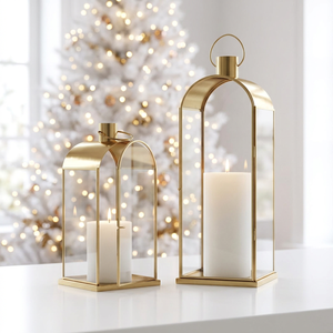 Latest <b>Brass</b> <b>Lantern</b> Set with Clear Glass Panels and Arched Tops for Christmas Home Decoration - Product Image 2