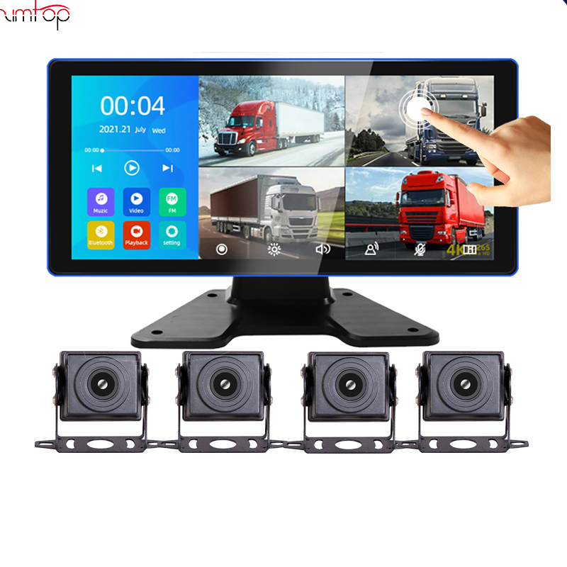 Sistem Monitor Kendaraan 4CH, Kamera AHD 1080P 10.36 Inci Layar Sentuh MP5 FM DVR untuk Mobil/Truk/Bus Perekam Parkir Pengawasan