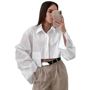 2022 European and American style open belly button asymmetrical splicing fashion casual white short shirt women's dress