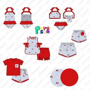 Puresun smocked girl clothes 4th of July boys and girls clothes wholesale embroidery on seersucker fabric for girls clothing