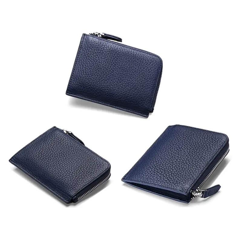 Navy Blue Men Genuine Leather Coin Pocket Wallet RFID Blocking Slim Zipper Wallet with Coin Compartment