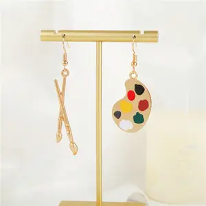 Gold Enamel Pendant Earrings Colorful Palette Paint Dangle Earrings Artist Paint Brush Dangling Earrings for Women