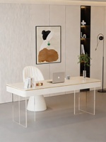 Bureau d'ordinateur moderne de style crème luxe léger avec plateau en pierre blanche pure et tiroir, idéal pour la maison, l'écriture, l'étude ou le bureau
