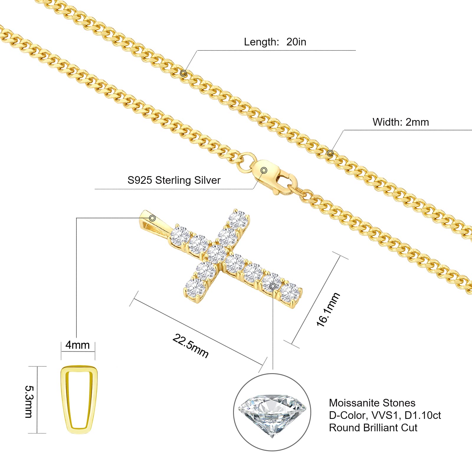 1.10ct avec chaîne cubaine S925 de 2 mm et 50 cm (20'') - 0240GD