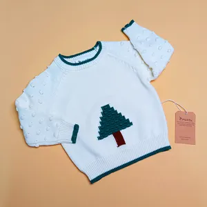 Paleo Baby Knitted Sweater Jacquard Christmas Tree Toddler Long Sleeve Flat Knit New Born Baby Pom Sweater Jumper Clothes
