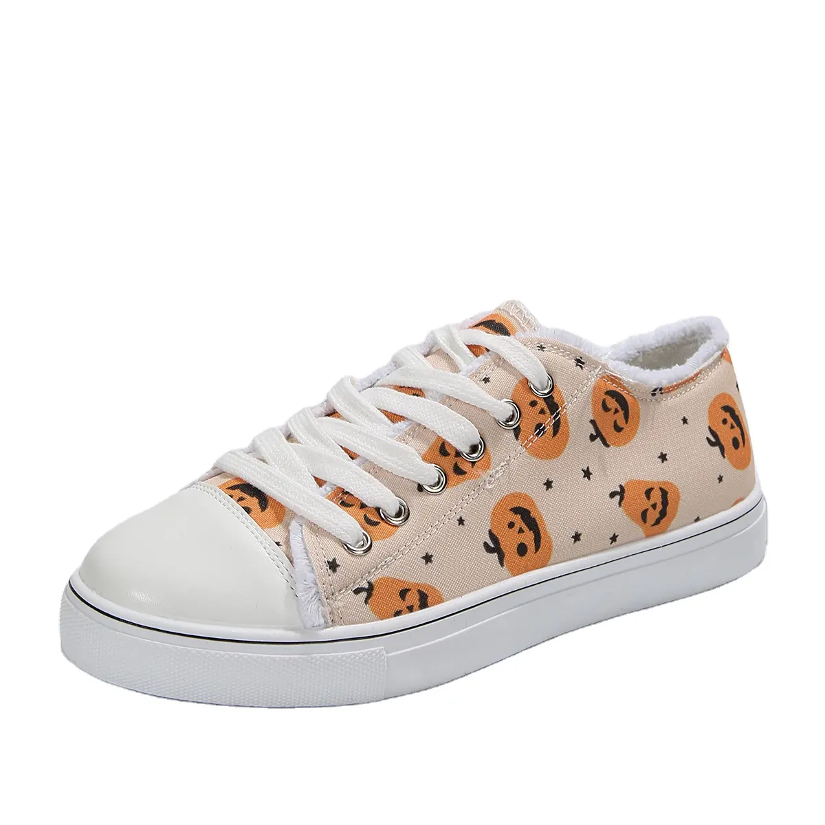 Venta al por mayor zapatos femeninos lona personalizada impresa mujeres casual estilo de Halloween estampado de calabaza zapatos de lona con cordones