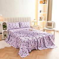 Ensemble de draps de lit en microfibre de haute qualité, 4 pièces, violet, motif papillon, avec taies d'oreiller