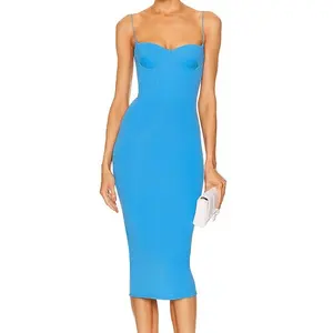 High quality Lady's Spaghetti Strap Midi Length Blue Bodycon Bandage Dresses