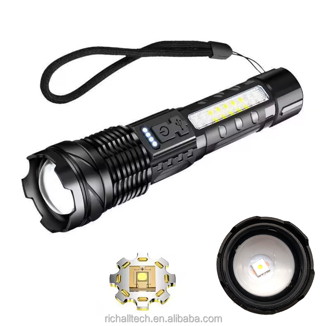 Powerful 80 Lumen White LED Tactical Flashlight IP54 Waterproof Handheld Long Range 200-300M Adjustable Beam USB Type-C