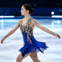 Robe de performance bleu roi à col rond en maille à manches longues pour patinage artistique, ornée de strass multicolores dorés et d'un grand dos ouvert