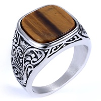 Bague carrée en turquoise pour homme en acier inoxydable, style simple sculpté