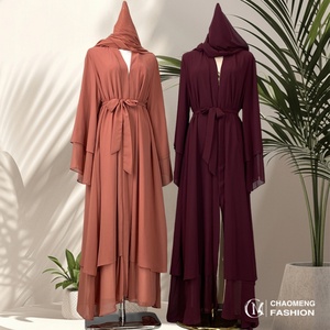 1875# Best Seller Chiffon Open Abaya Solid Color 2 Layered Long Sleeve Dubai Abayas <b>Cardigan</b> Style 9 Colors - Product Image 2
