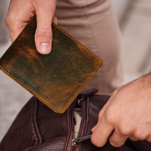 Portefeuille homme rétro en cuir Crazy Horse 6 pouces, bifold, en cuir véritable, décontracté, usage quotidien, couleur unie, printemps 2025 - Product Image 3
