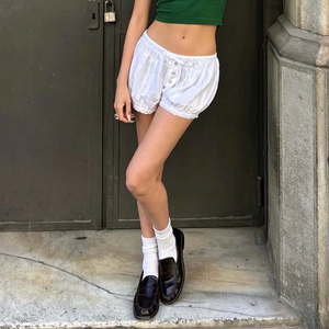 Women's Loose Woven Lace Paperbag Waist Shorts Low Rise Tie Front Button Detail White Casual Beach Sporty Bottoms - Product Image 3