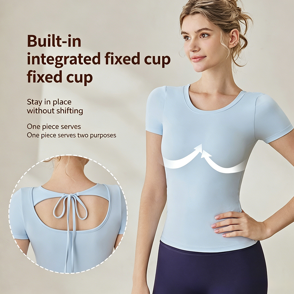 Custom Women's Neck Short Sleeve Lightweight Recyclable Fitness Top Built-in Fixed Cup Open Back Tie 4-Way Stretch Breathable