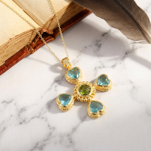 Women's Cross Necklace Sky Blue Quartz and Peridot Quartz Christian Jewelry 18k Gold Plated Texture Metal Brass Pendant Necklace - Product Image 4