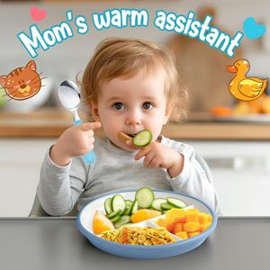 Juego de alimentación de platos grandes de porcelana para niños pequeños de 8 ", manga de silicona antideslizante, 3 cucharas, tenedores, juego de comedor dividido para niños - Product Image 4