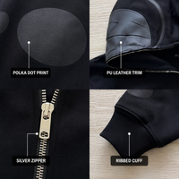 Sweat à capuche homme surdimensionné en molleton de coton noir de qualité supérieure 460 GSM, avec épaules tombantes, fermeture éclair intégrale et bordure en PU à pois, style streetwear