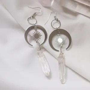 Natural clear quartz crystal earrings lgemstone sun moon 925 Silver hook long pendant jewellery women