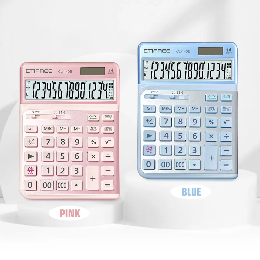 Colorful Pink calculator manufacturer CT-140E Two way power battery Solar Standard function Office Calculators China