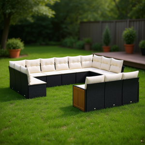 Cream White And Black <b>Rattan</b> Garden <b>Sofa</b> Set With Cushions 10 Seater Outdoor Furniture Contemporary Design Teak Wood Frame - Product Image 2