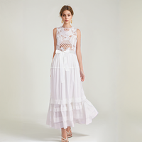 Robe décontractée en dentelle élégante à col ras du cou sexy sans manches à la mode avec A longueur de plancher pour femmes