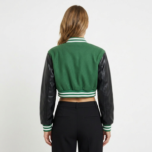 Chaqueta Varsity Verde de Punto con Mangas de Cuero Vacuno, Cuello Camisero, Chaqueta Bomber para Mujer, Ropa de Otoño con Rayas - Product Image 4